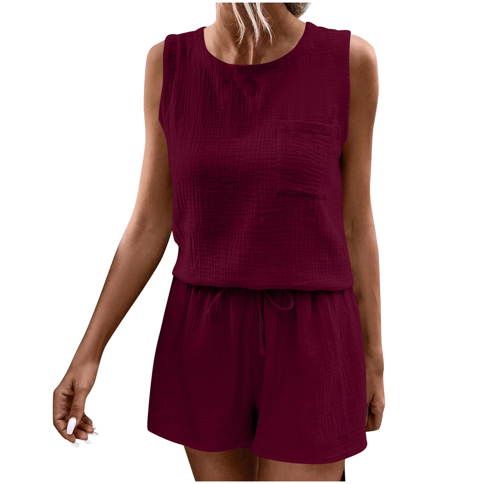 thumbnail image 4 of Conjunto de camiseta sin mangas con cuello redondo y bolsillos y pantalones cortos para mujer - Ropa informal de tejido suave, 4 of 8